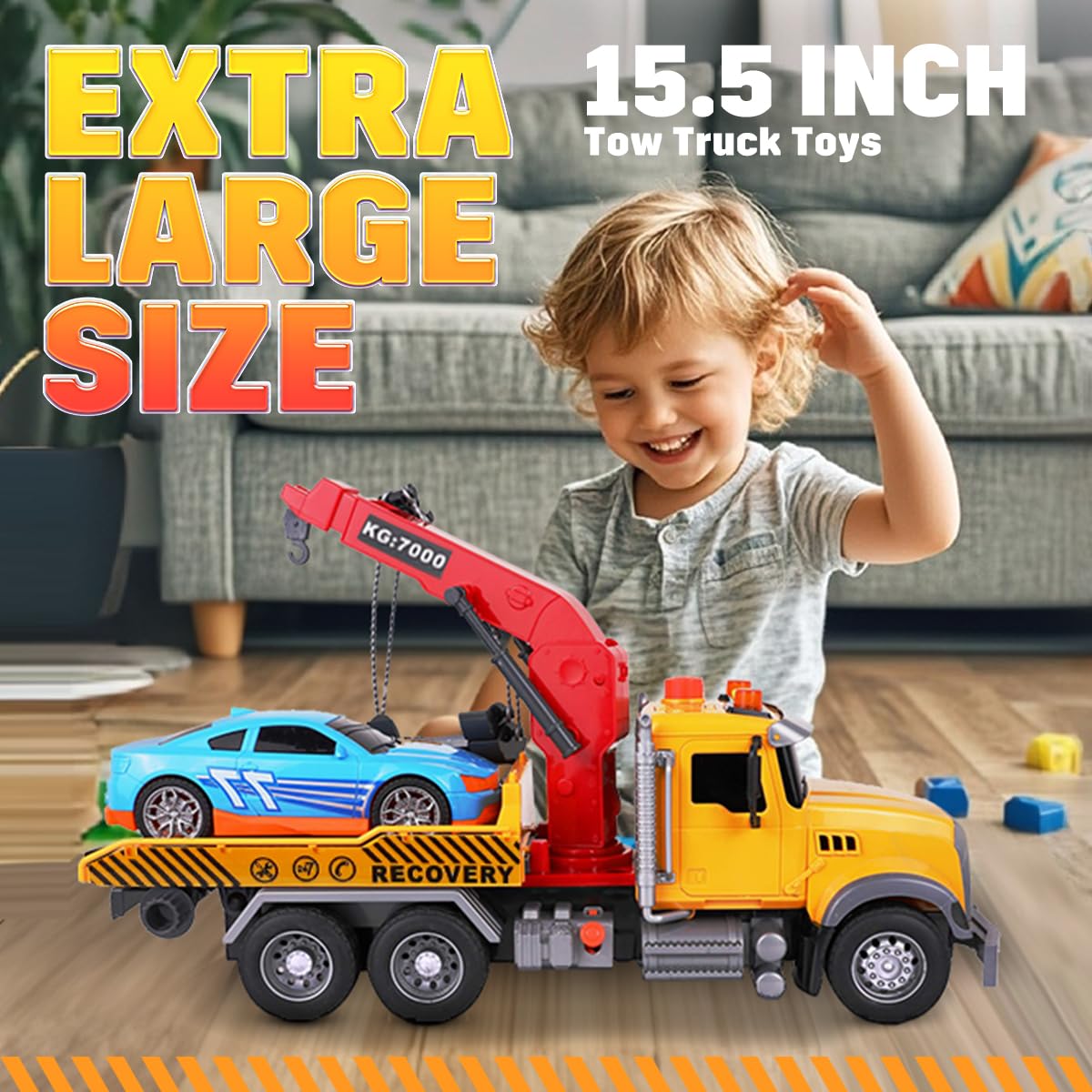 MAJCL 15'' Large Tow Truck Toy,Friction Powered Transport Truck Crane Toy with Lights and Sounds,with Roadster,Kids Toys for 3 4