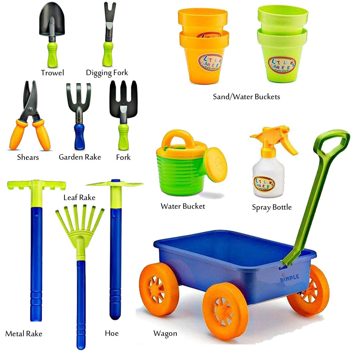 Dimple Kids Gardening Set Tools Wagon Toy - enhanced 15 Piece Gardening Tools & Toddler Wagon Toy Set - Sturdy & Durable - Top Yard  Beach  Sand  Garden Toy - Outside Toys for Toddlers