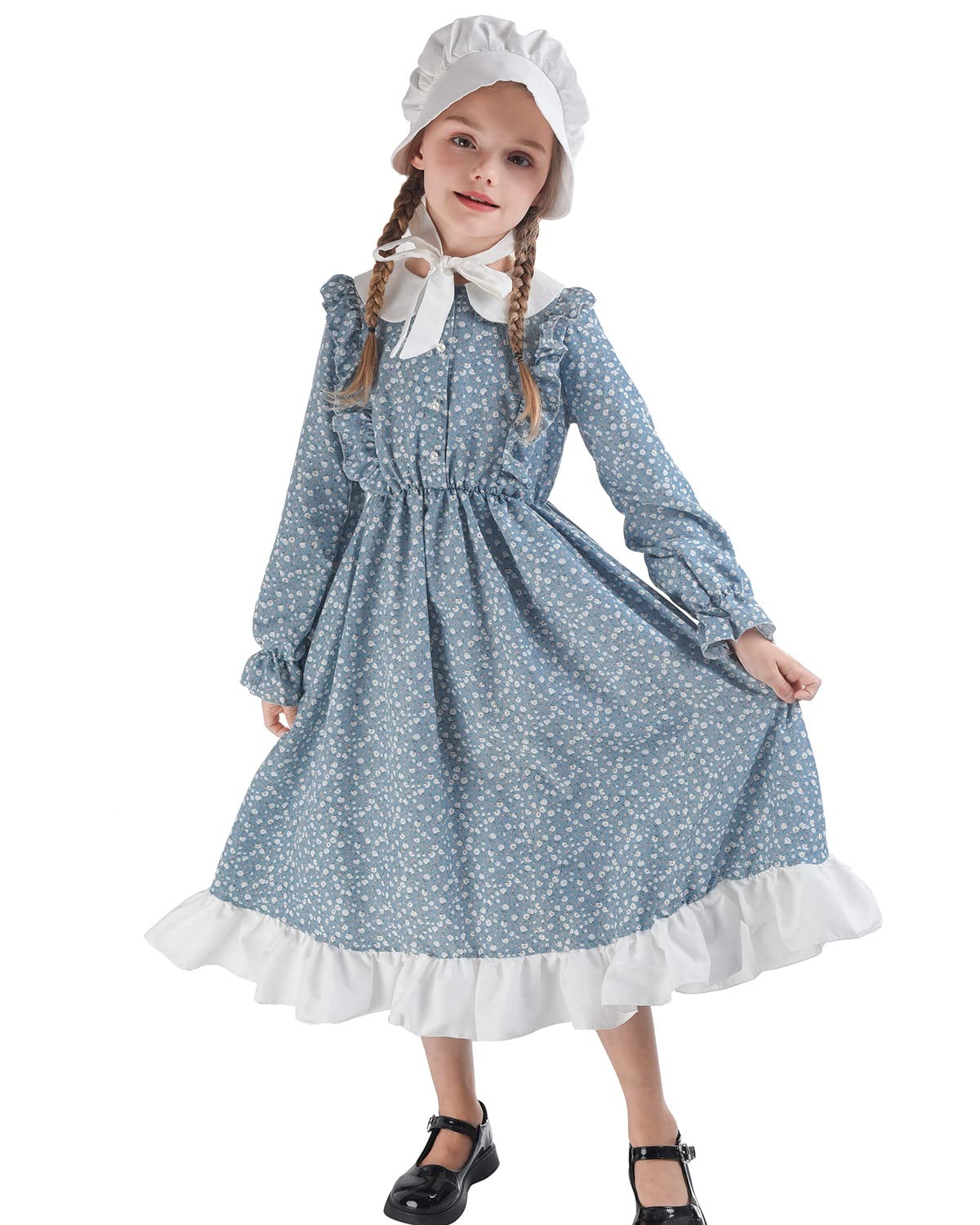 Fccam Prairie Dresses For Girls Pioneer Costume 19Th Century Long Sleeves Colonial Dress Blue Xxl Age Over 4 Years Old