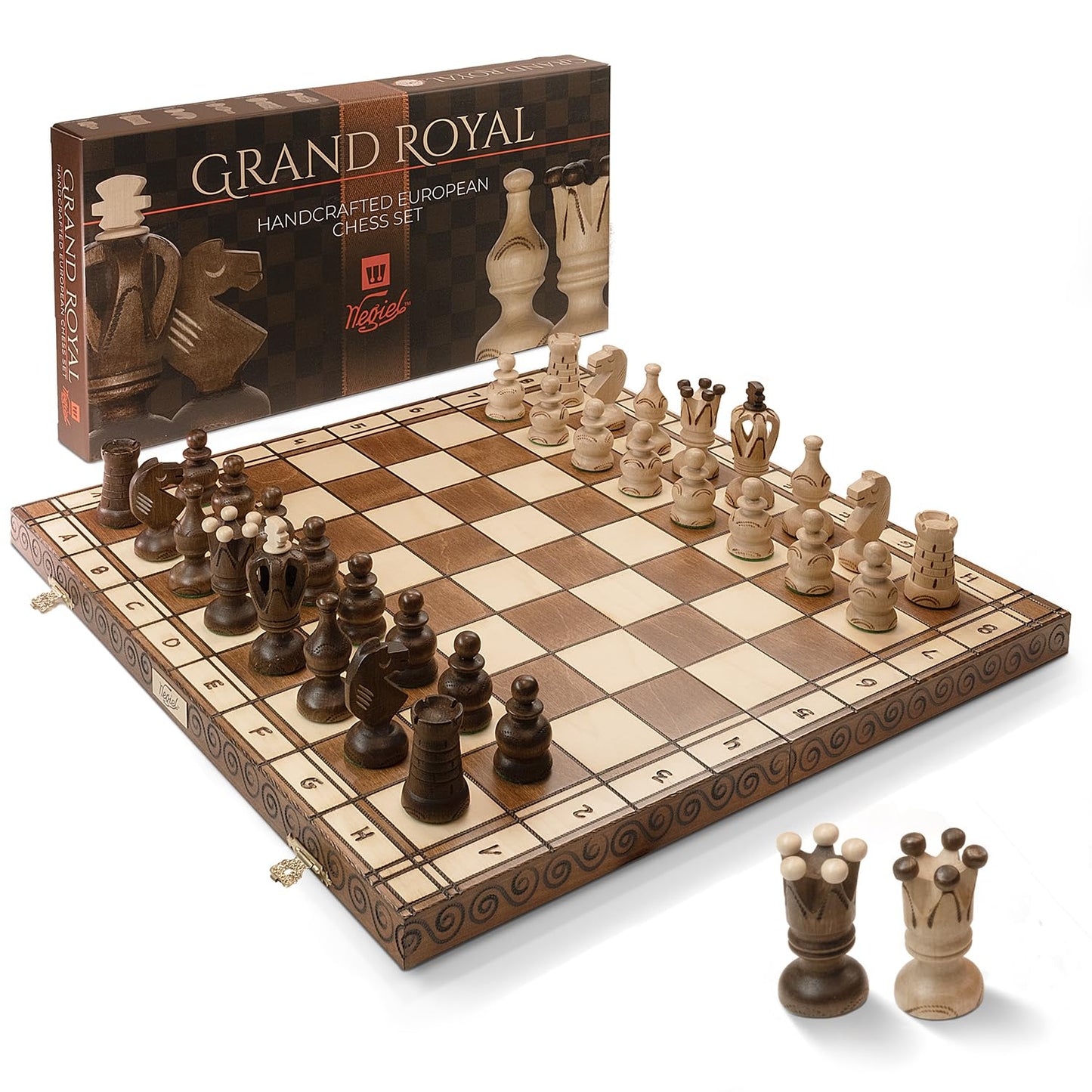 Wegiel Grand Royal Wooden Chess Set - 18" Luxury Handcrafted Beech & Birch - Unique Folding Design for Adults & Kids