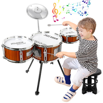Kids Drum Set Music Toy Drum Set For Toddlers Ages 3-5 Jazz Drum Kit With Stool, 3 Drums Percussion Musical Instruments Toys For 3 4 5 Year Old Boys Girls Gifts