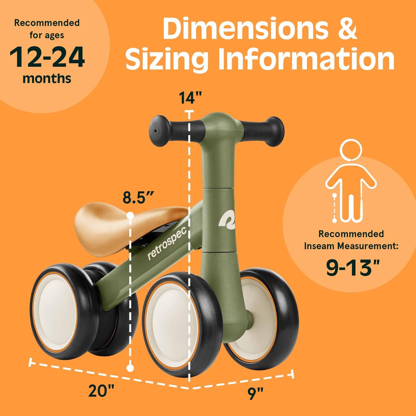 Retrospec Cricket Baby Walker Balance Bike With 4 Wheels For Ages 12-24 Months - Toddler Bicycle Toy For 1 Year Old’S - Ride On Toys For Boys & Girls, Olive Drab