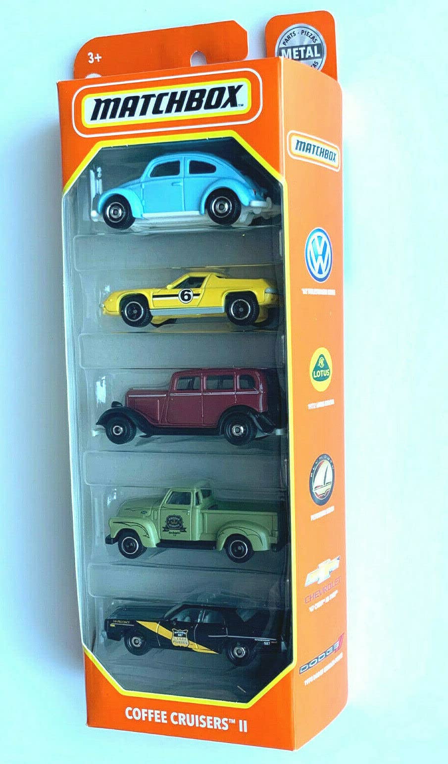 MBX Matchbox Coffee Cruisers II, 5 Pack Diecast Cars, FWD28, 1:64 Scale, Assorted Colors (Blue, Red, Black, Green, White)