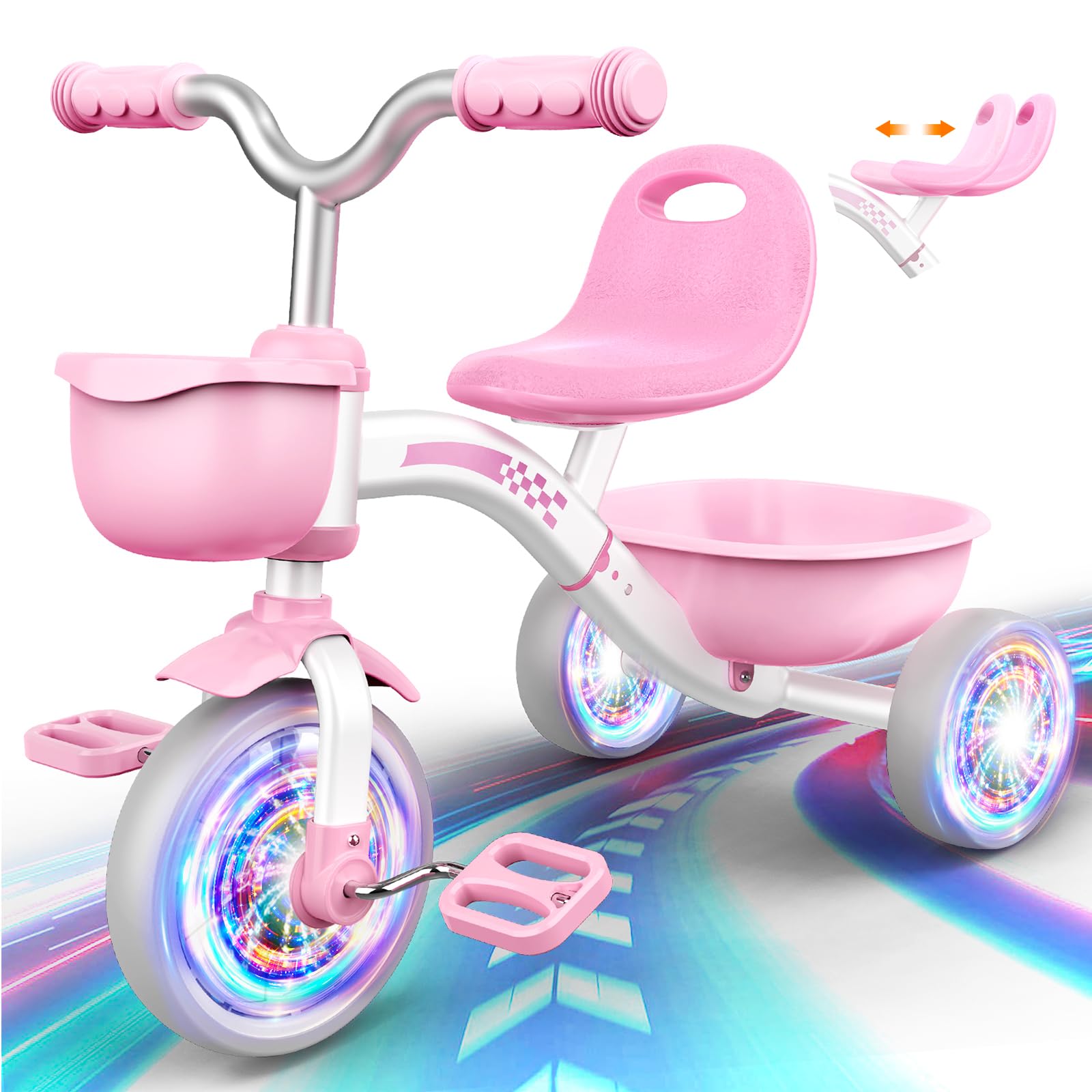 Toddler Tricycle For 1-3 3-5 Year Olds, Toddler Toys Baby Bike, Toys For Ages 2-4, 3-Level Adjustable Seat, 3 Colorful Lighting 