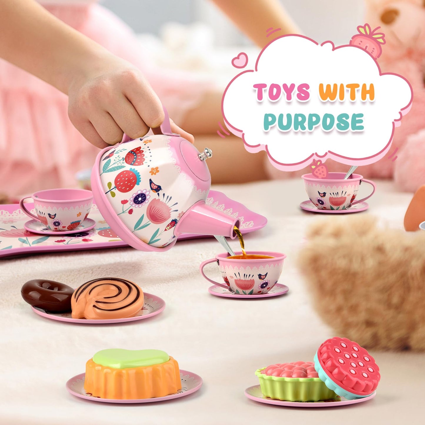 Tea Party Set for Little Girls, Flower Tea Set Toys for Girls Age 3 4 5 6 Year Old, Toddler Kids Kitchen Pretend Play Toys with