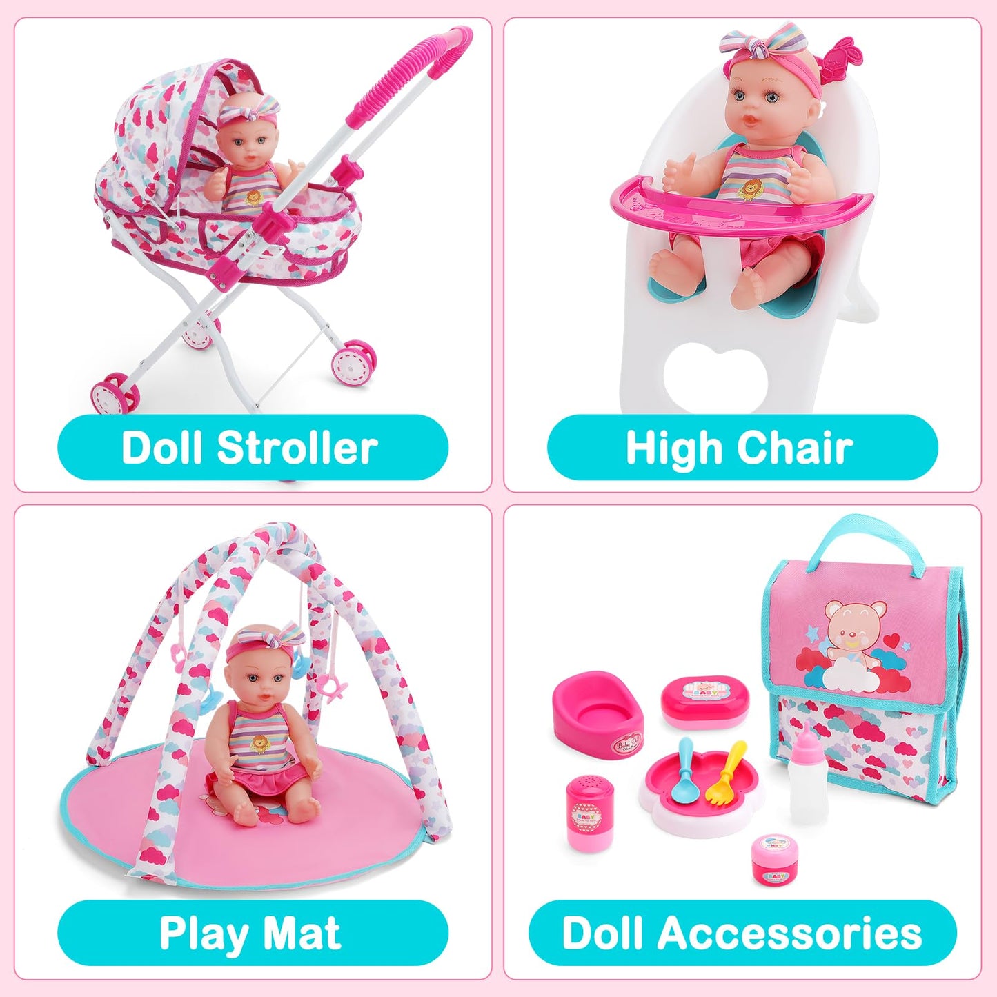 deAO Baby Doll Stroller Set - High Chair, Play Mat, Pink, Medium, Model 826A, Includes Nursery Accessories and Feeding Toys