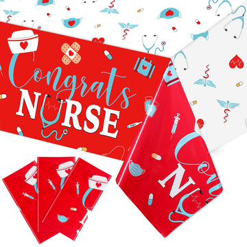 Moukeren 3 Pieces Nurse Graduation Tablecloth Plastic Congrats Table Covers Red White Nurse Grad Table Cloth for Graduation Part