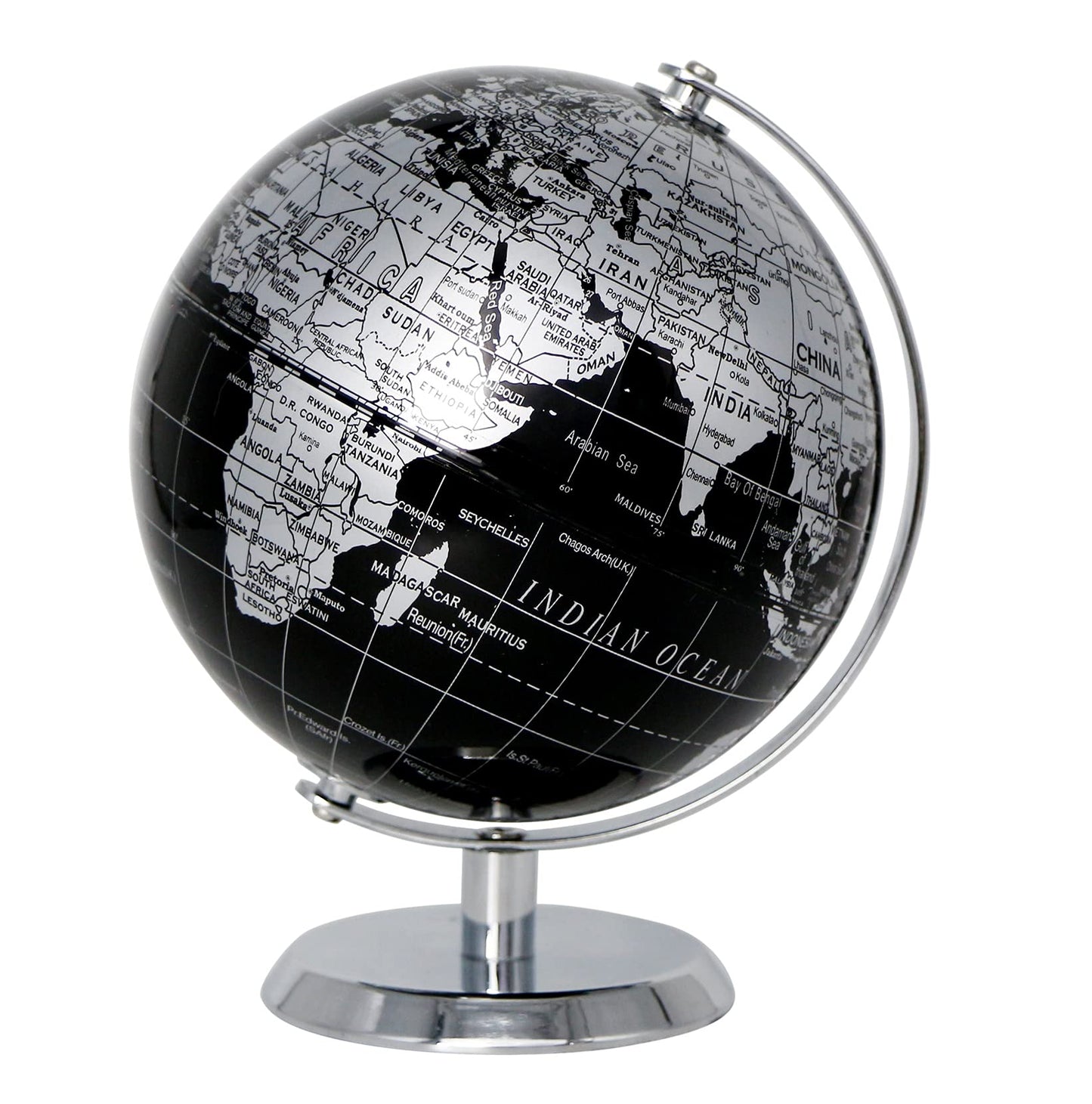 Exerz World Globe Black Dia 5.5-Inch - Mini Educational Globe Of Earth - Metal Base - Metallic Black