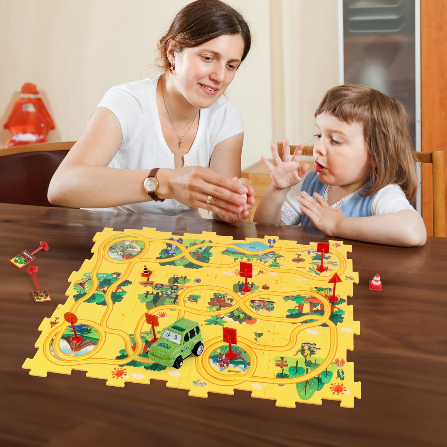Plastic Dinosaur Puzzles For Kids With A Cute Car, Montessori Toys For 2 3 4 5 6 Year Old Boys, Race Tracks For Kids 3-5, Toddle
