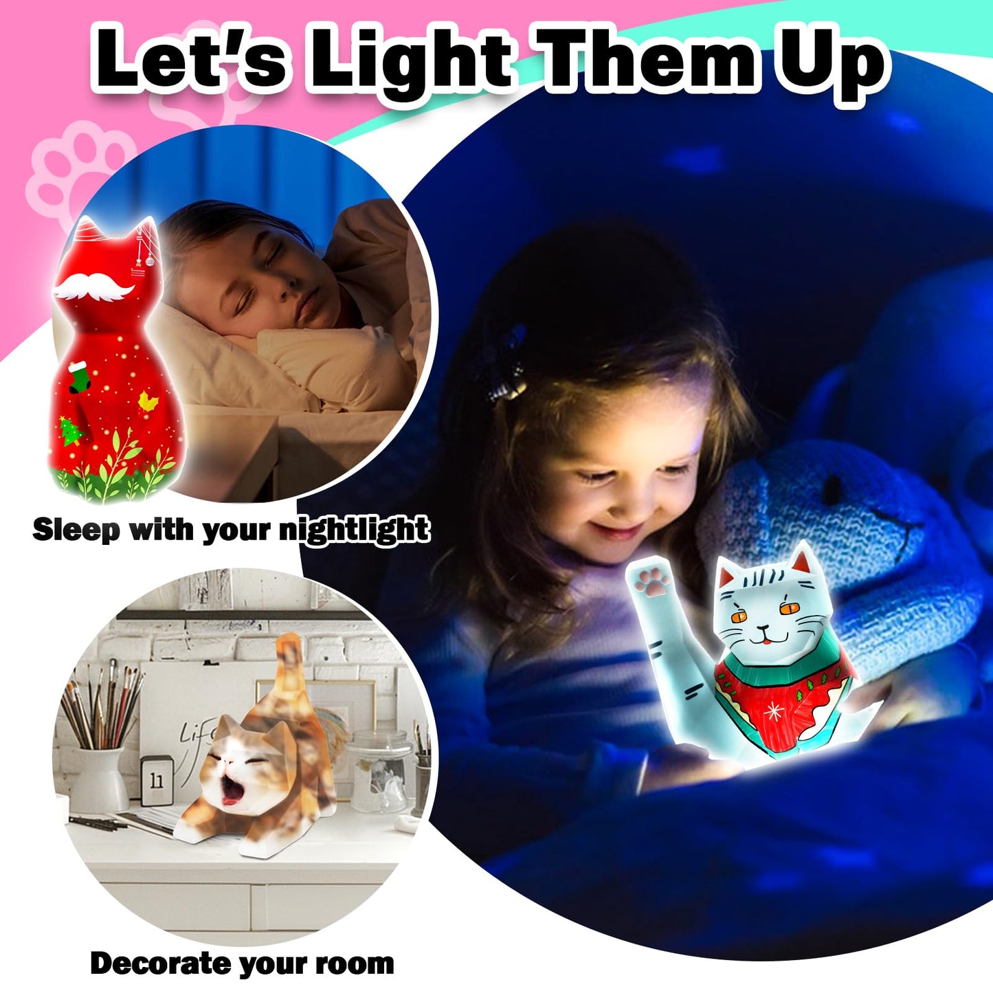 FUNZBO 3pcs Paint Your Own Cat Lamp Kit - Arts and Crafts Supplies Kitten Painting Kits for Kids Teens Adults, DIY Night Light T