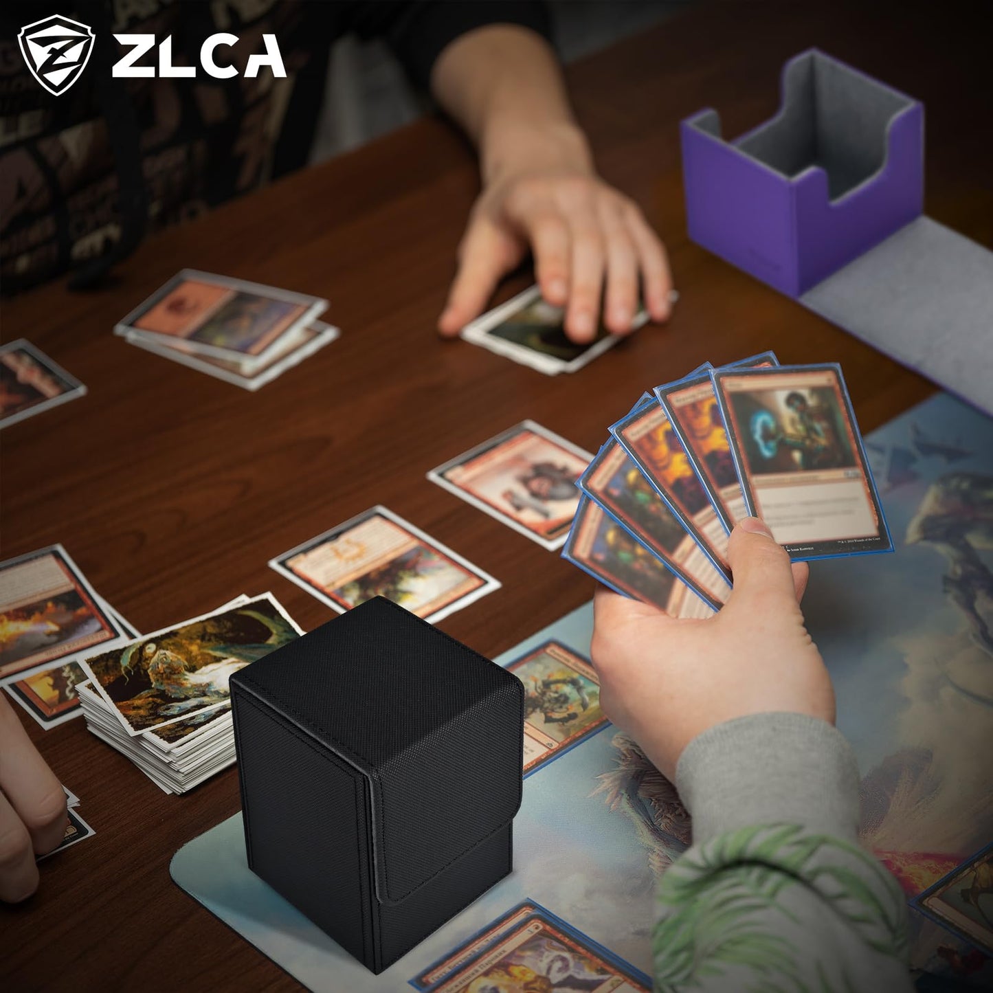 Zlca Card Deck Box For Trading Cards, Mtg Yugioh Deck Case Holds 100+ Single Sleeved Cards, Pu Leather Magnetic Card Storage Box Fits For Tcg Ccg Magic Game Cards (Black)