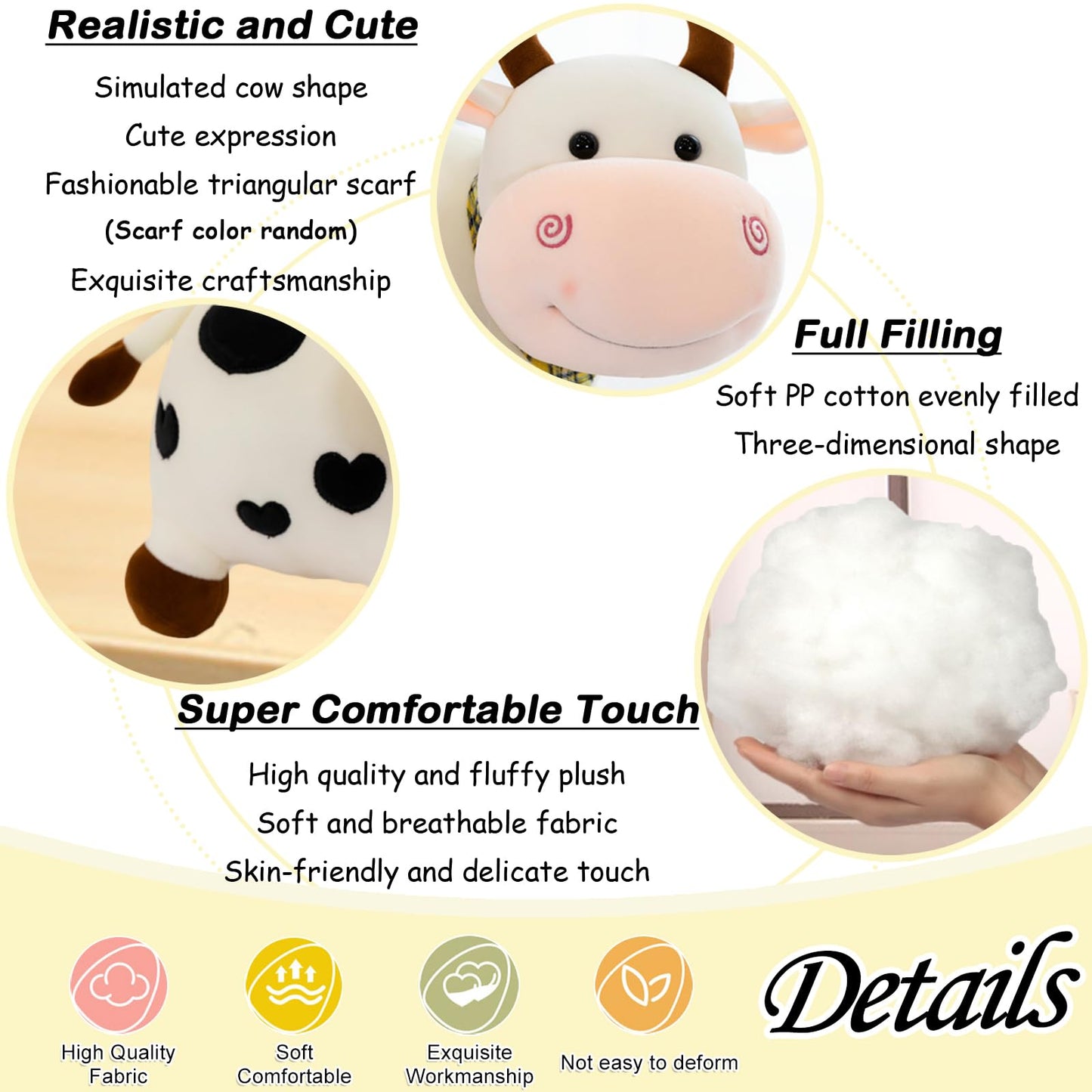 zhidiloveyou 9.84'' Cow Stuffed Animals Cute Baby Cow Plush Kawaii Toy Gifts for Kids, White