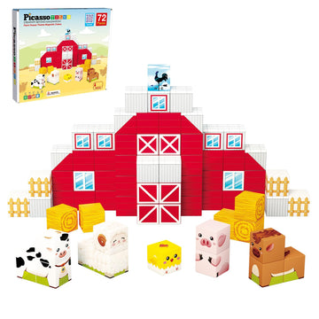Picassotiles Magnet Cube Farm House Theme Mix And Match Building Block Construction Toy Barn With 5 Magnetic Cubed Character Act