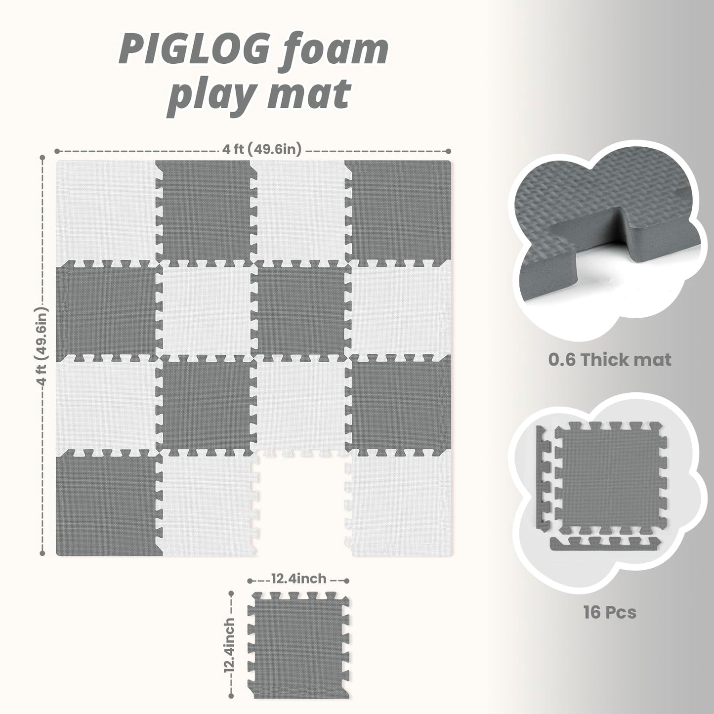 16Pcs Baby Play Mat for Floor  Foam Floor Tiles for Kids with Interlocking  Squares Foam Puzzle Carpet for Playroom  Crawling Rug for Babies 6-12 Months Toddlers 11.8 * 11.8 * 0.6In Each Grey White