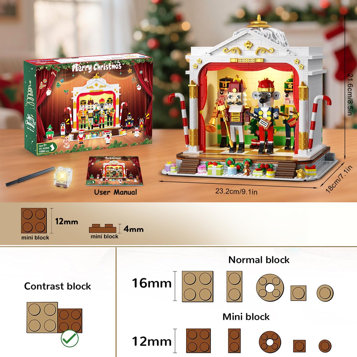 CUBIMANA Christmas Nutcracker Theater Building Set, 1690PCS, Light-Up, 3.6 Mini Blocks, 4 Nutcrackers & 8 Minifigures, Ages