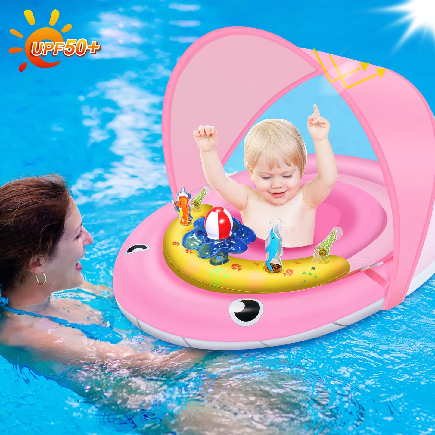 Baby Pool Float With Canopy Upf50+ Sun Protection, Baby Floats For Pool 6-12-24 Months Infant Toddler, Durable Baby Swim Float W