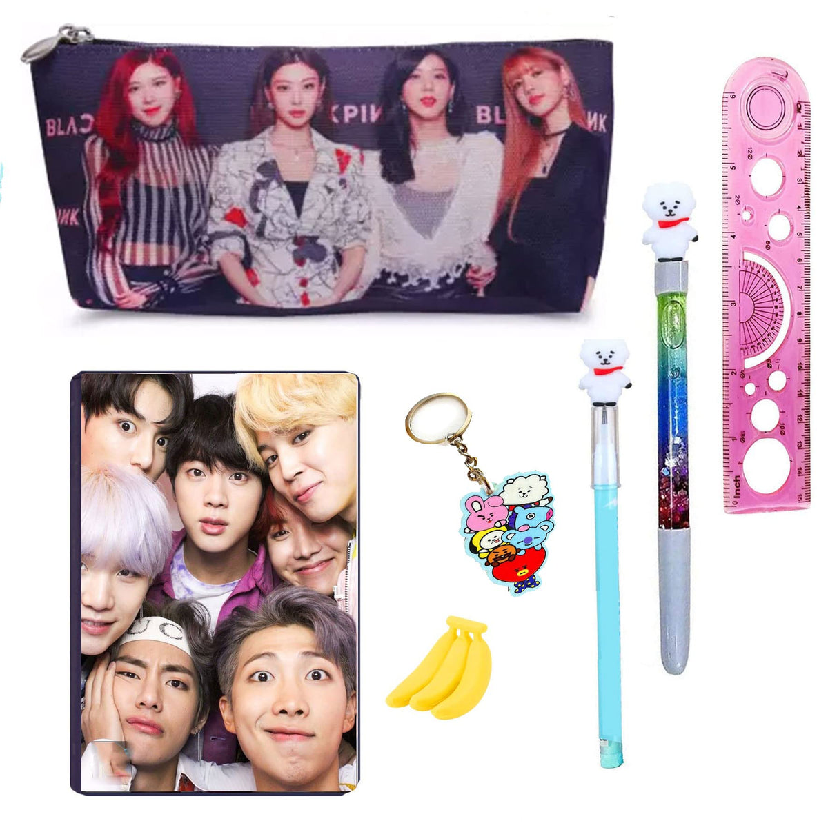 KOBBET 7pcs BTS Army Team Stationery Combo for Kids for School BT21 Pen Pencil. Key Chain BTS Diary Deisgner Eraser Scale/Ruler