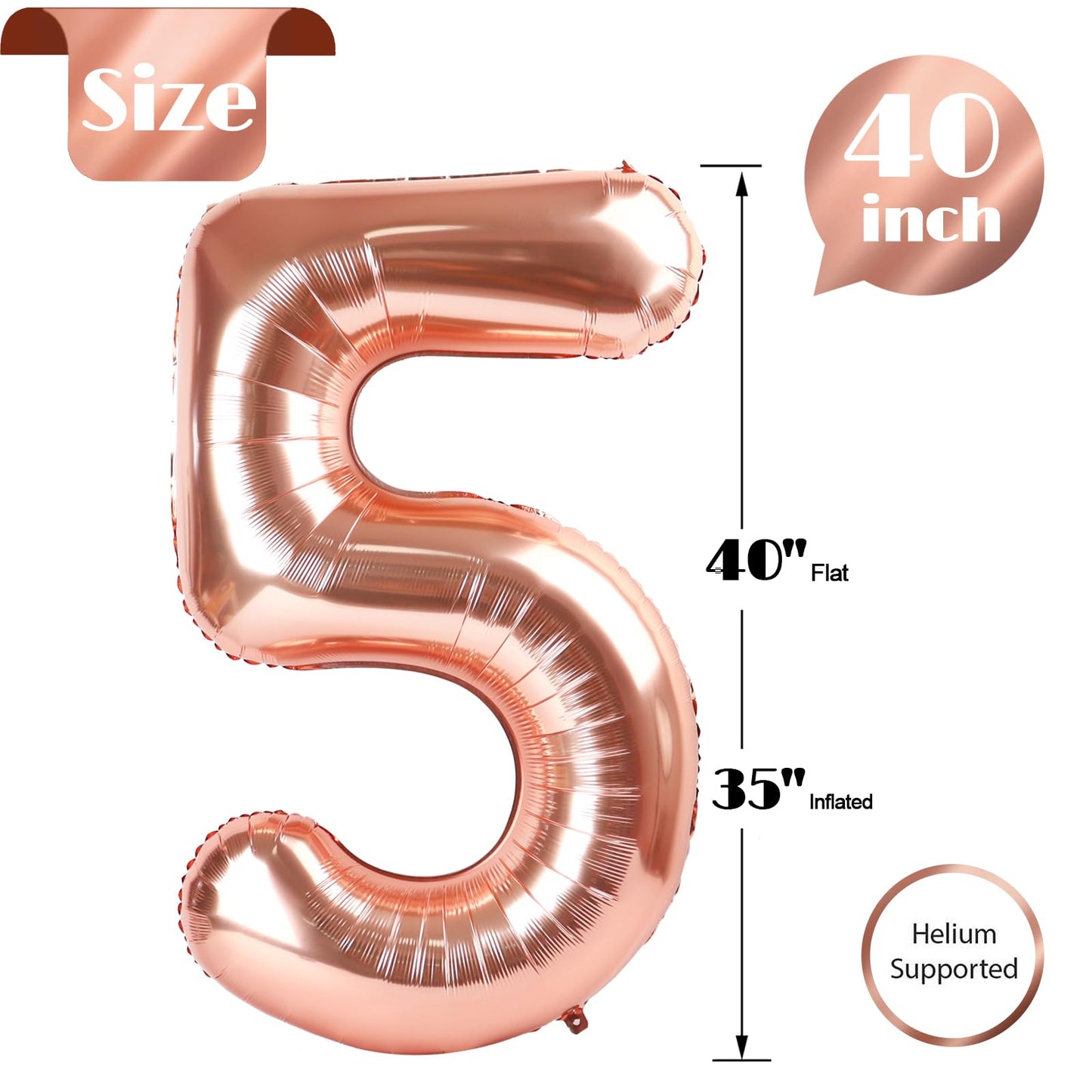 Rose Gold Number 5 Balloon 40 Inch, 5 Balloon Number, 5Th Birthday Decorations, Rose Gold Party Supplies For Boys Girls