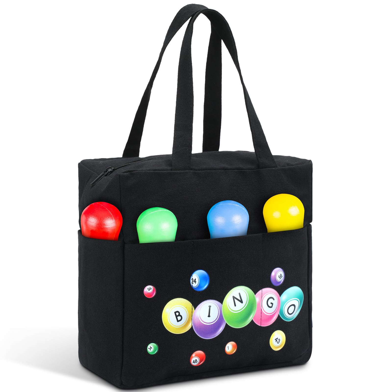 Windyun Bingo Bags Large with 10 Pockets for Daubers Dabbers Dobbers Dotters Zipper Tote Bag Bingo Game Stuff Accessories Supplies Gift for Women Adults Seniors Christmas 9.8x9.8x3.6 Inches(Black)-New