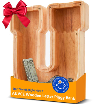 Wooden Letter Piggy Bank for Kids  Initial Coin Bank for Boys and Girls  First Name Personalized Savings Bank for Birthday Boys Girls Gift Piggy Bank for Kids (Wood  S9-U)