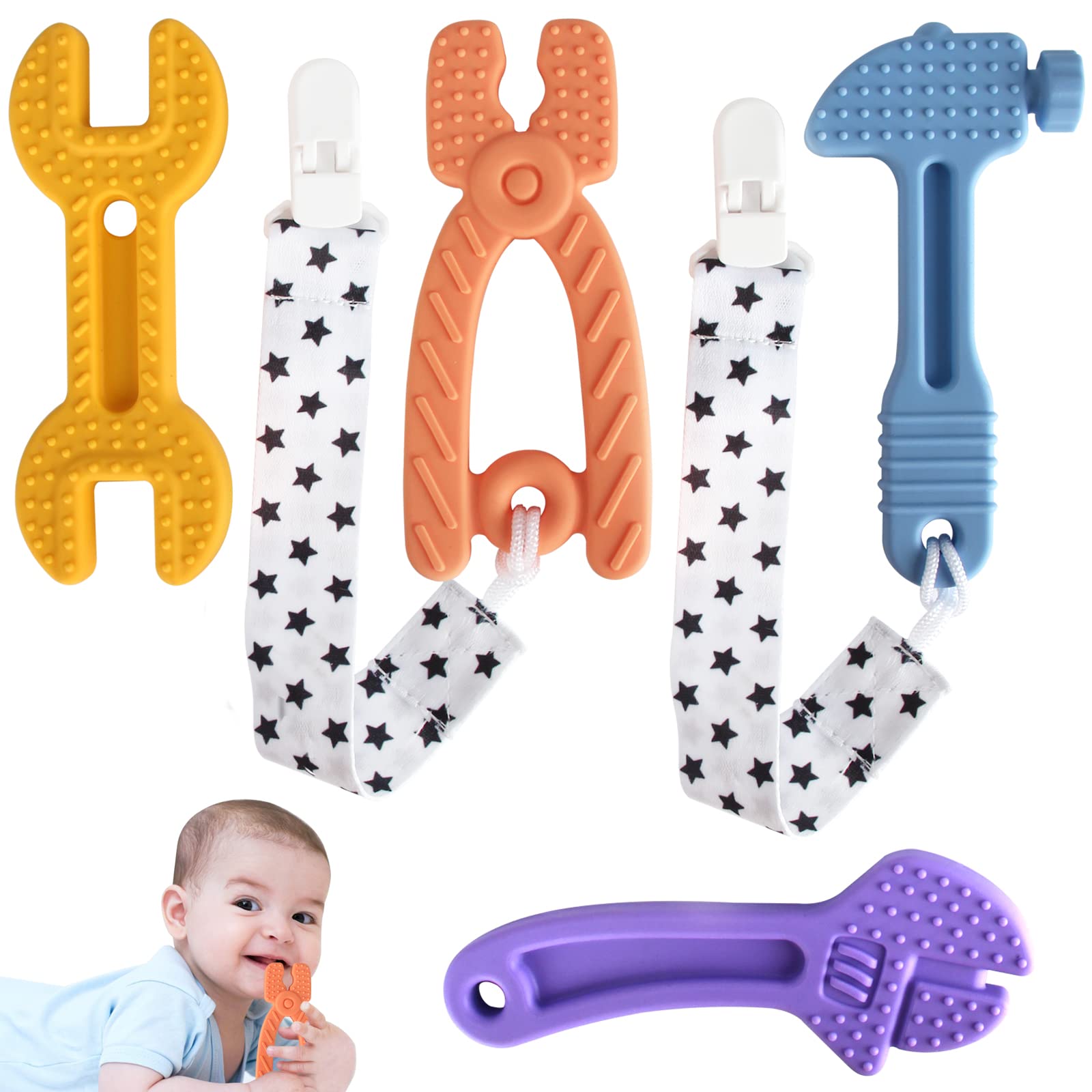 Fu Store 4 Pack Soft Silicone Teething Toys for Toddlers Infant Hammer Spanner Wrench Pliers Tools Shape Baby Teethers Relief So