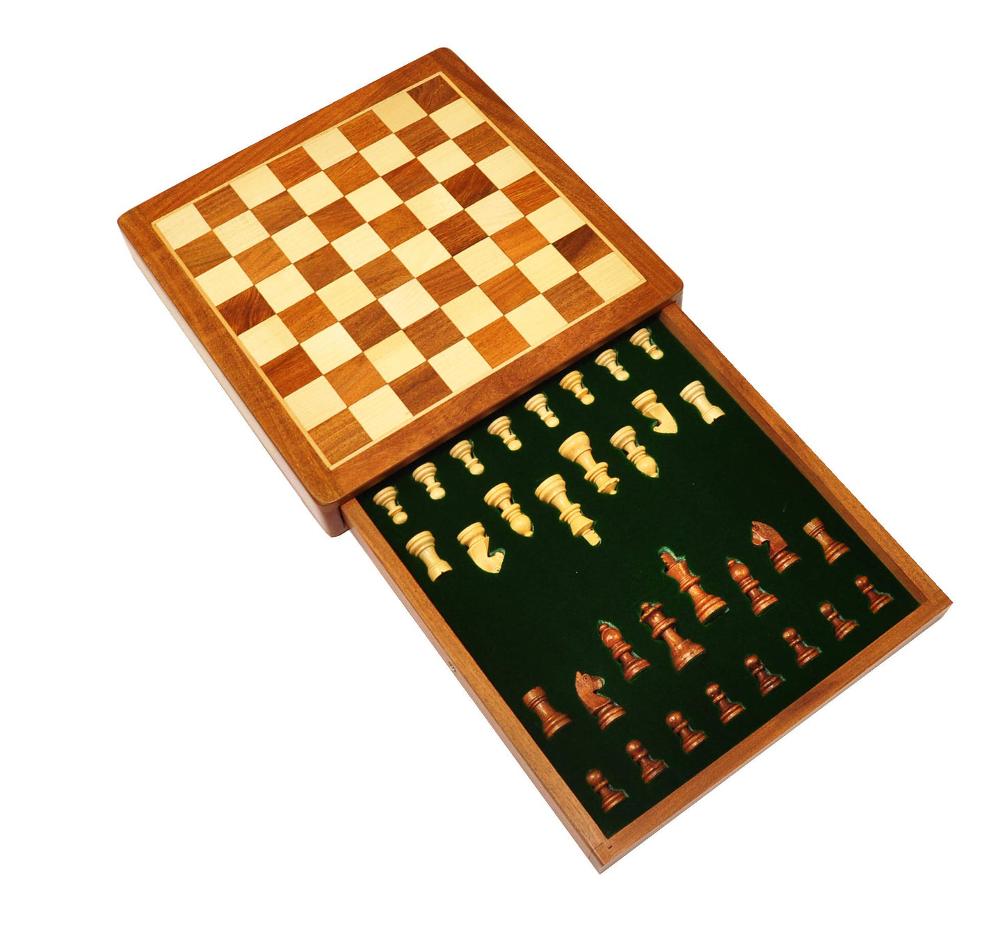 PALM ROYAL HANDICRAFTS 12 Inches Handmade Drawer Wooden Chess Board Set Made With Indian Rosewood | Inbuilt Storage Compatment F