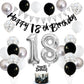 18Th Birthday Decorations For Boys Girls, Black Happy 18Th Birthday Banner With Black Silver White 18Th Birthday Balloons Cake T