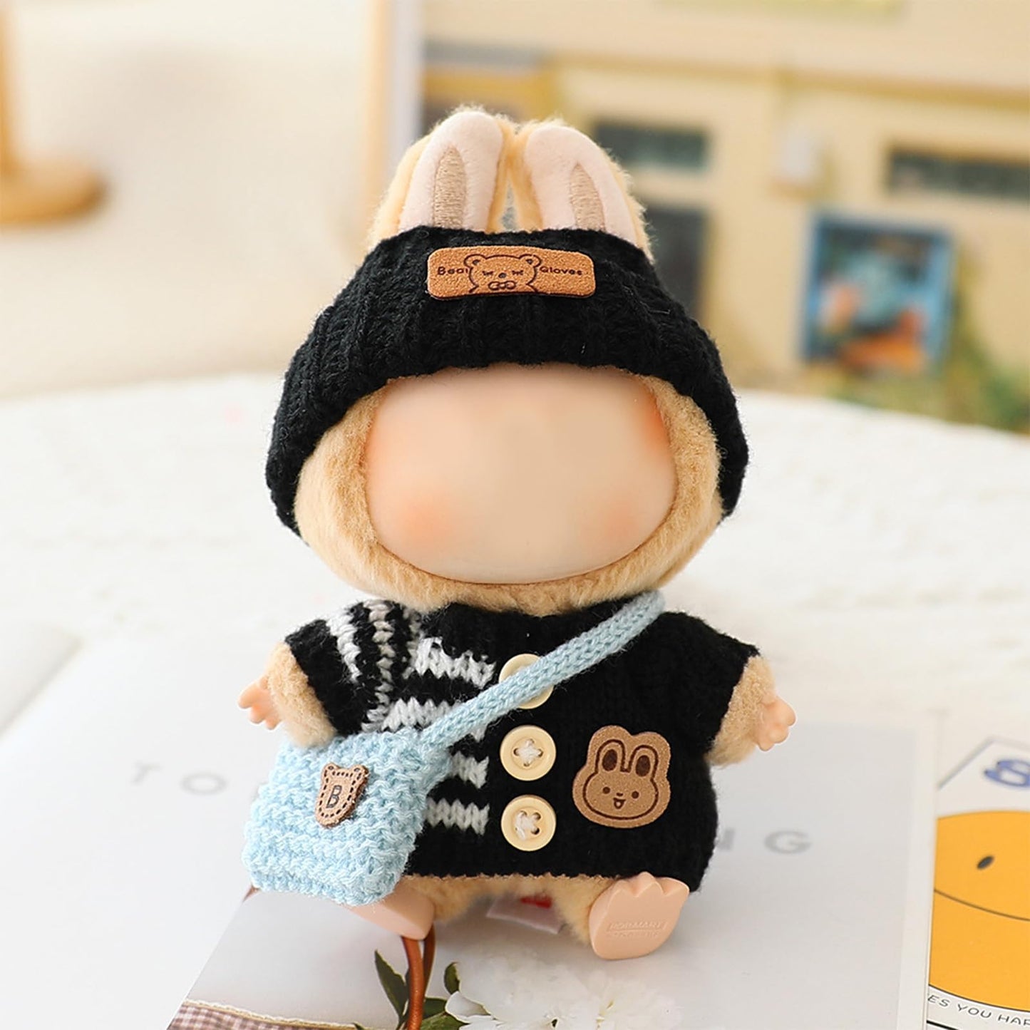 Clothes for LABUBU Doll (NO Doll)  Handcrafted Crochet 3-Piece Accessories for LABUBU 17cm Dolls  enhanced Outfit - Bunny Sweater + Hat + Bag  Cute Clothes for Dress up Unique Style (Black)