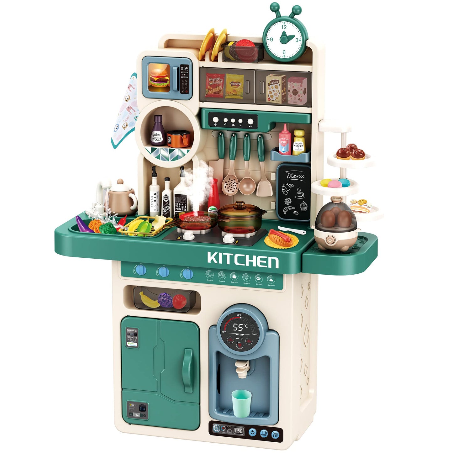 Deejoy 89 PCS Kitchen Playset, Kids Kitchen Toys with Realistic Lights and Sounds, Pretend Steam and Water Tank Functions, Kitch