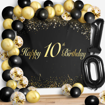 Happy 10Th Birthday Balloons Black Set Decor - Cheers To 10 Years Old Party Theme Garland Banner Backdrop Decorations For Boy An