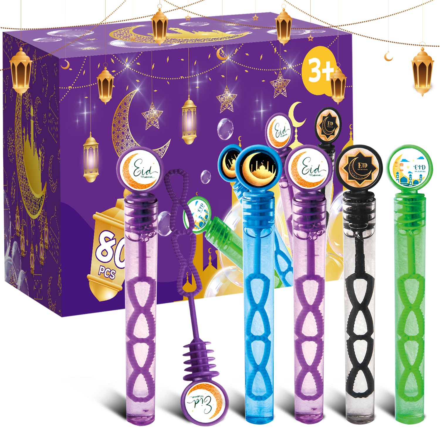 80Pcs Eid/Ramadan Mubarak Bubble Wands, Mini Bubble Wands for Eid Party Favors, Islamic Gift Toys for Girls Boys Kids Toddler Ad