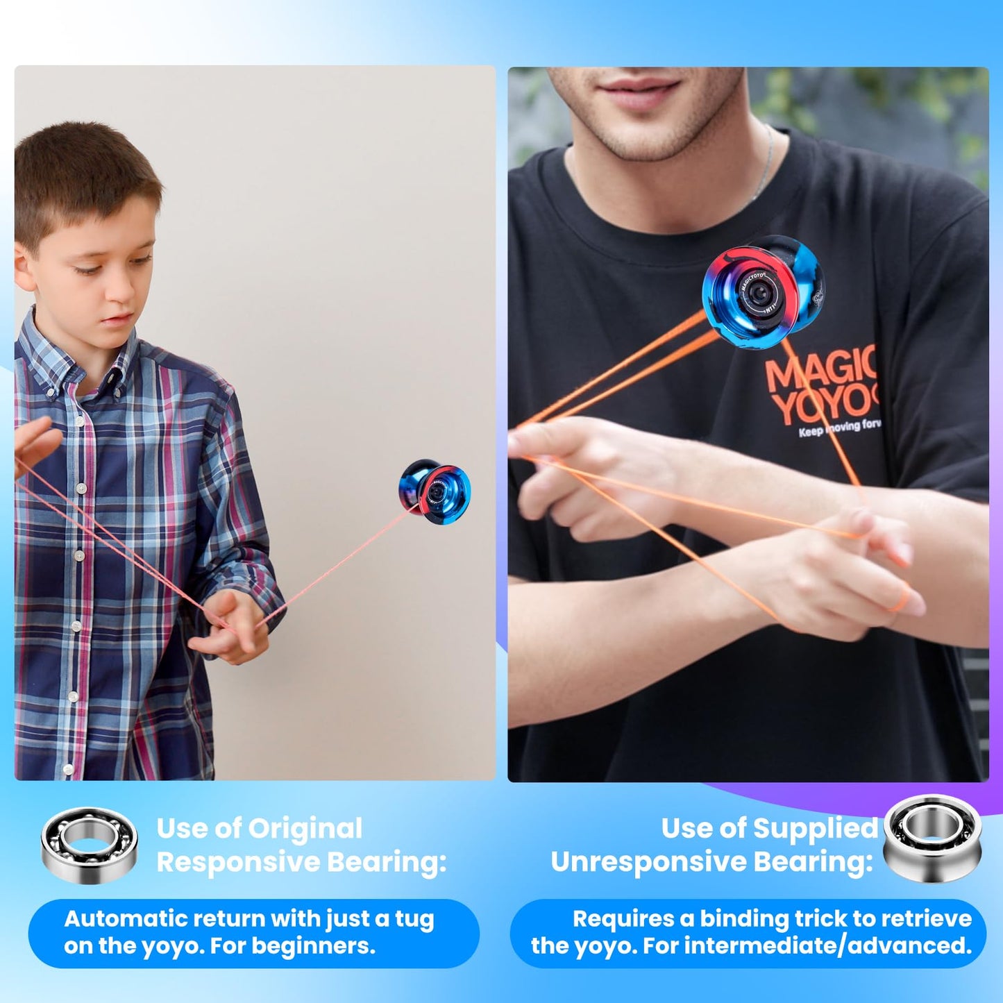 Magicyoyo Dual Purpose Yoyo N11 Responsive Yo-Yo For Kids 8-12 Or Above, Professional Advanced Unresponsive Yo Yo With Unresponsive Bearing Kit + Glove+ Bag +12 Strings (Black Blue Red)