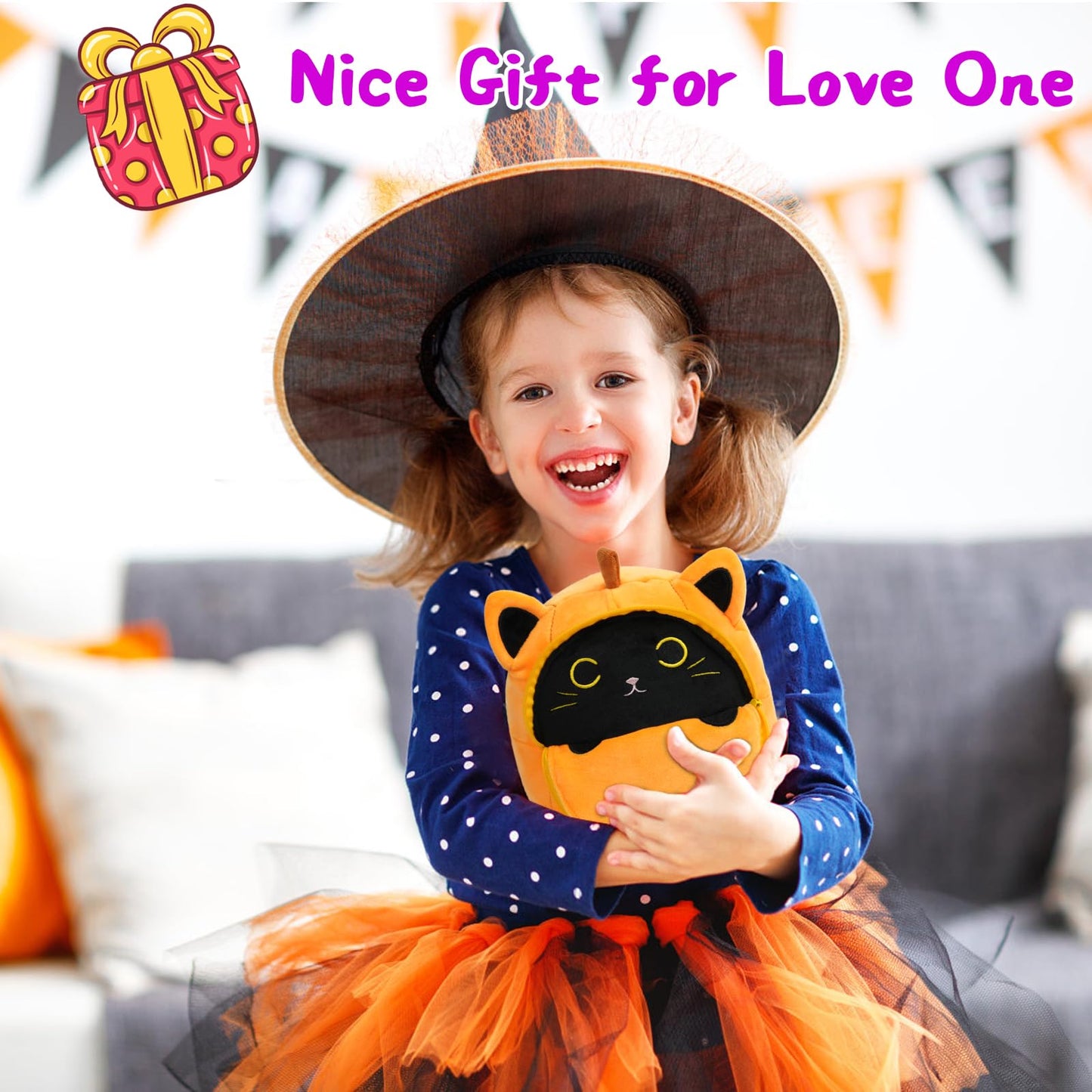 Leokawin Black Cat Stuffed Animal,8In Black Cat Plush,Cute Pumpkin Cat Plush Toy,Kawaii Pumpkin Black Cat Plush Pillows,Soft Bla