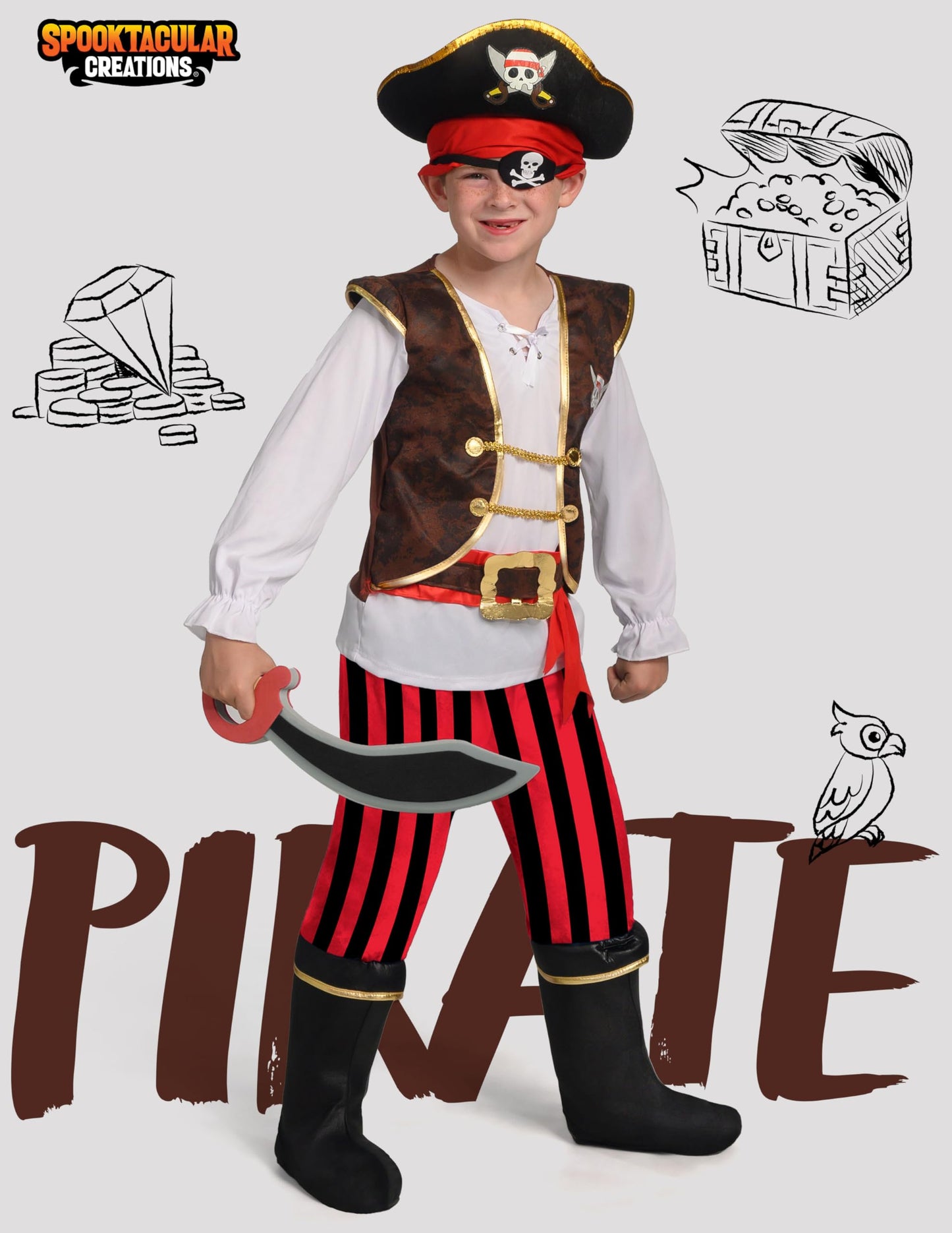 Spooktacular Creations Pirate Costume for Kids  Boys Classic Brown Pirate Outfit Deluxe Set with Toy Accessories for Toddler Halloween Pretend Roleplay Themed Party (Medium  8-10 yrs)