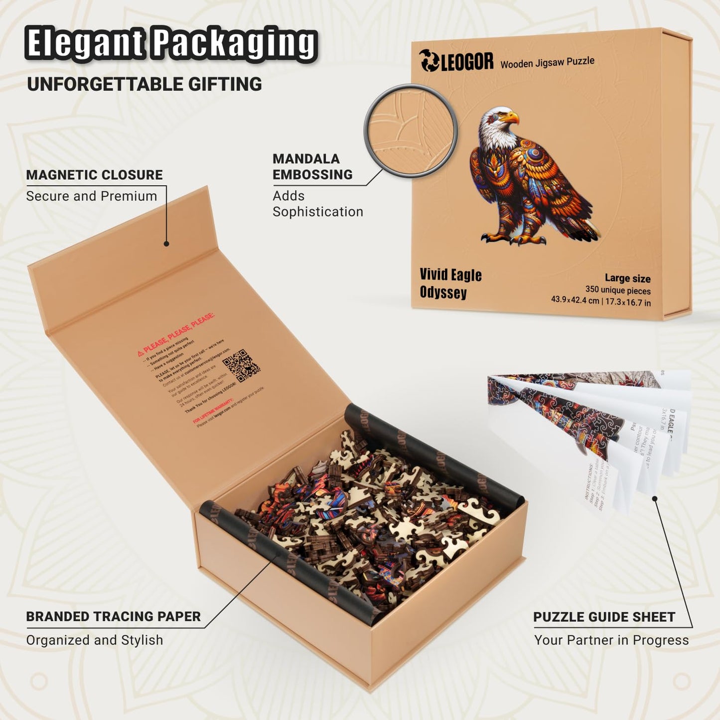 Vivid Eagle Odyssey - 350 Piece Wooden Puzzles for mature-themeds - 17.3 x 16.7 in - Extra-Thick 5 mm Wood Puzzle  Hand-Shaped Pieces  Iconic Bird Mosaic Design - enhanced Gift for Puzzle Lovers by LEOGOR