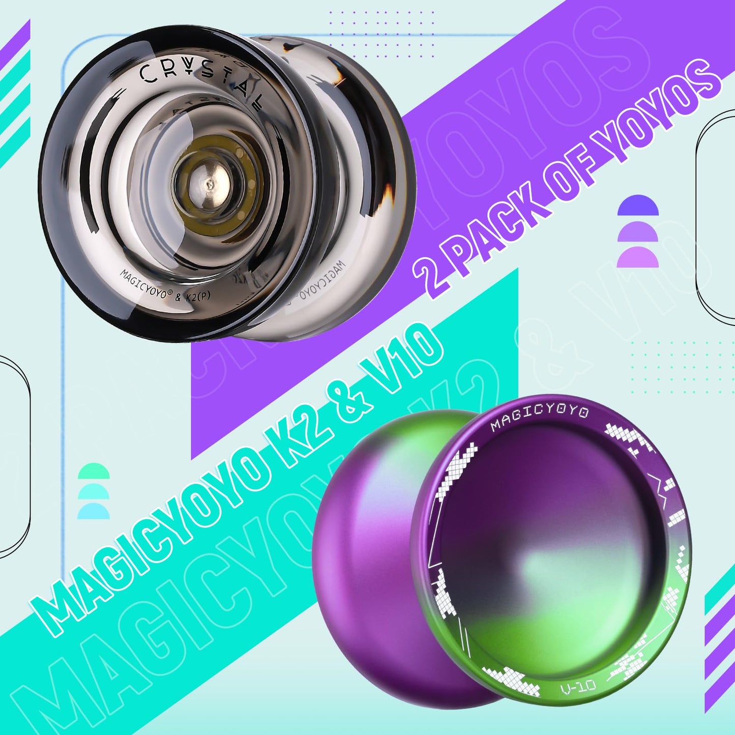 MAGICYOYO Pack of 2 Finger Spin Trick Yoyos  V10 Purple Green & K2 Black Responsive Yoyos for Kids Beginners  Unresponsive Yoyo Bearings Kit for mature-themed Professional +12 Strings  Yoyo Case Storage Bag