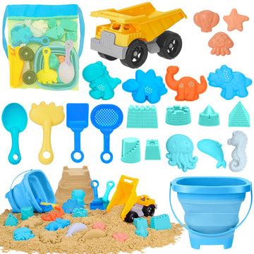 Beach Sand Toys for Kids - 23Pcs Collapsible Sand Bucket and Shovels Rake Set with Mesh Bag, Dump Truck Toy, Animal Dinosaur Mol