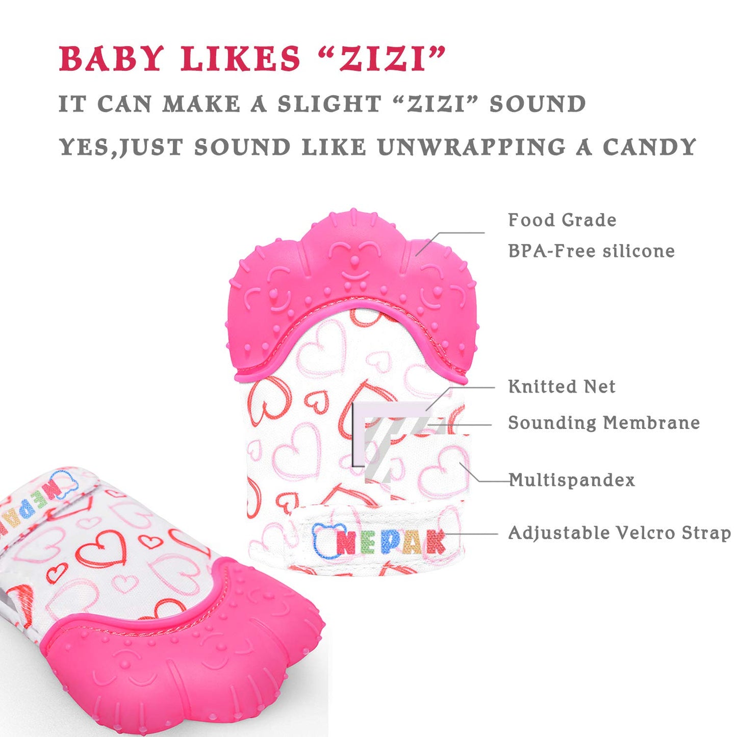 NEPAK Teething Mitten - Silicone Baby Glove Teether Toys for 3-6 Months, 2 Count, Pink, Sweet Heart Design