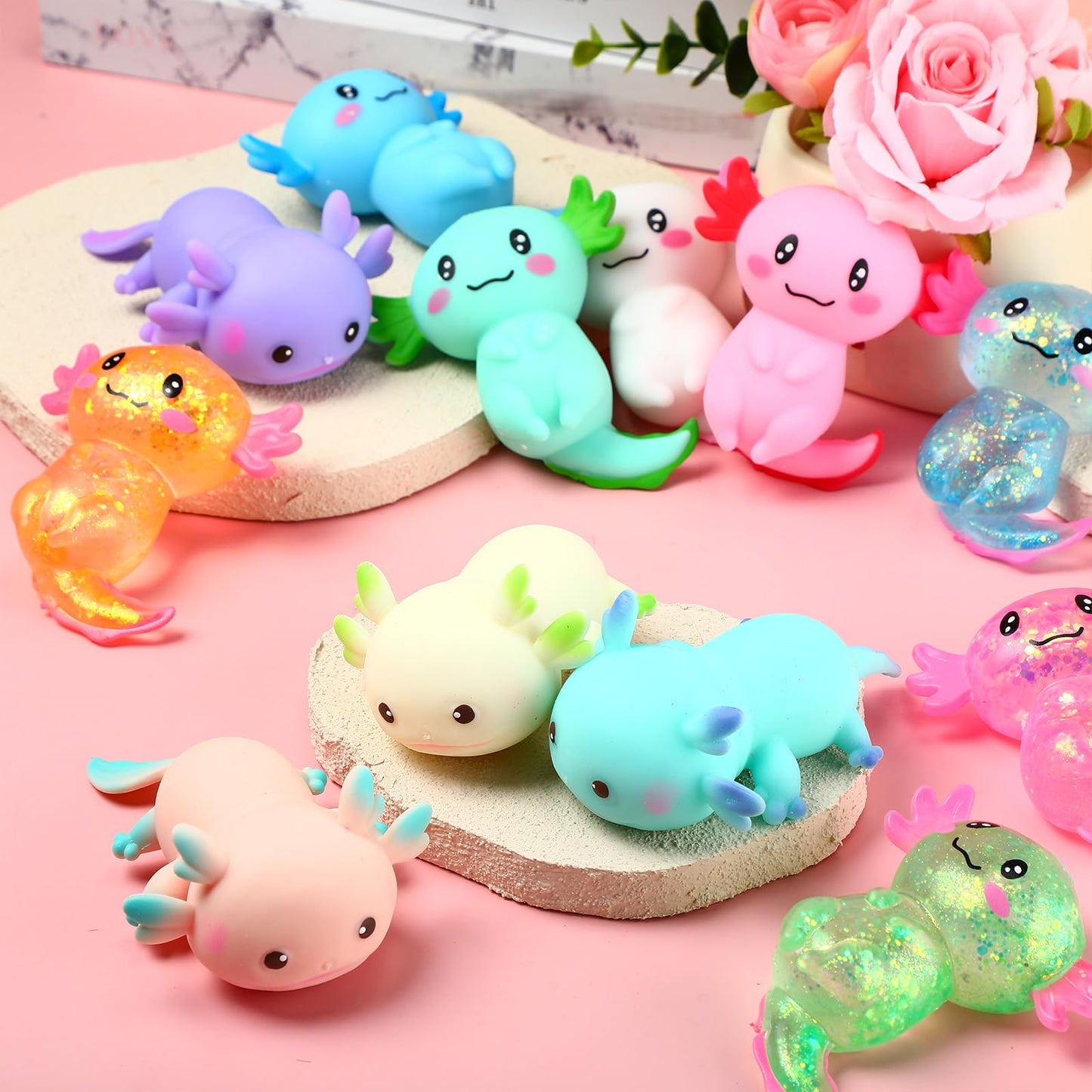 Meooeck 12 Pack Stress Relief Axolotl Toys Stress Glitter Axolotl Starfish Sugar Balls Relaxing Sensory Fidget Toy Relieve Anxie