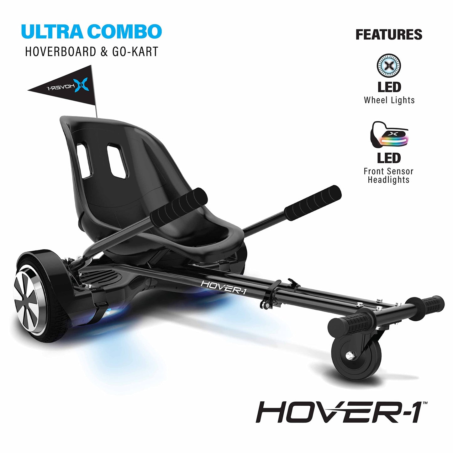 Hover-1 Ultra Electric Hoverboard Go Kart Combo - 7MPH, Black, Adjustable Frame, Easy Install, Model HY-ULT-CMB