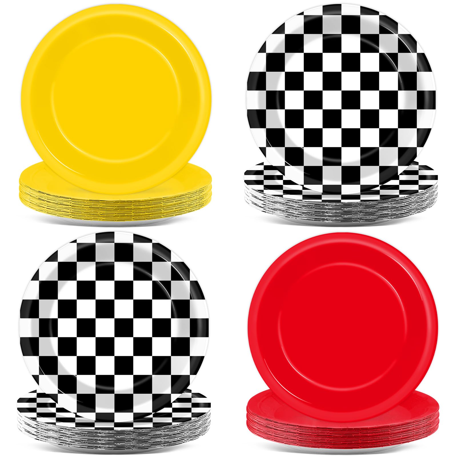 48 Pcs Racing Car Party Paper Plates for Race Car Birthday Party Supplies 7 Red Yellow Black White Checkered Disposable Plates R