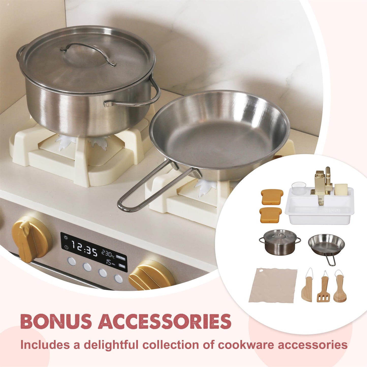 Large Wooden Corner Play Kitchen Sets With Ice Maker,Water Dispenser,Bread Maker,Washing Machine,Electronic Display,Toy Sink Wit