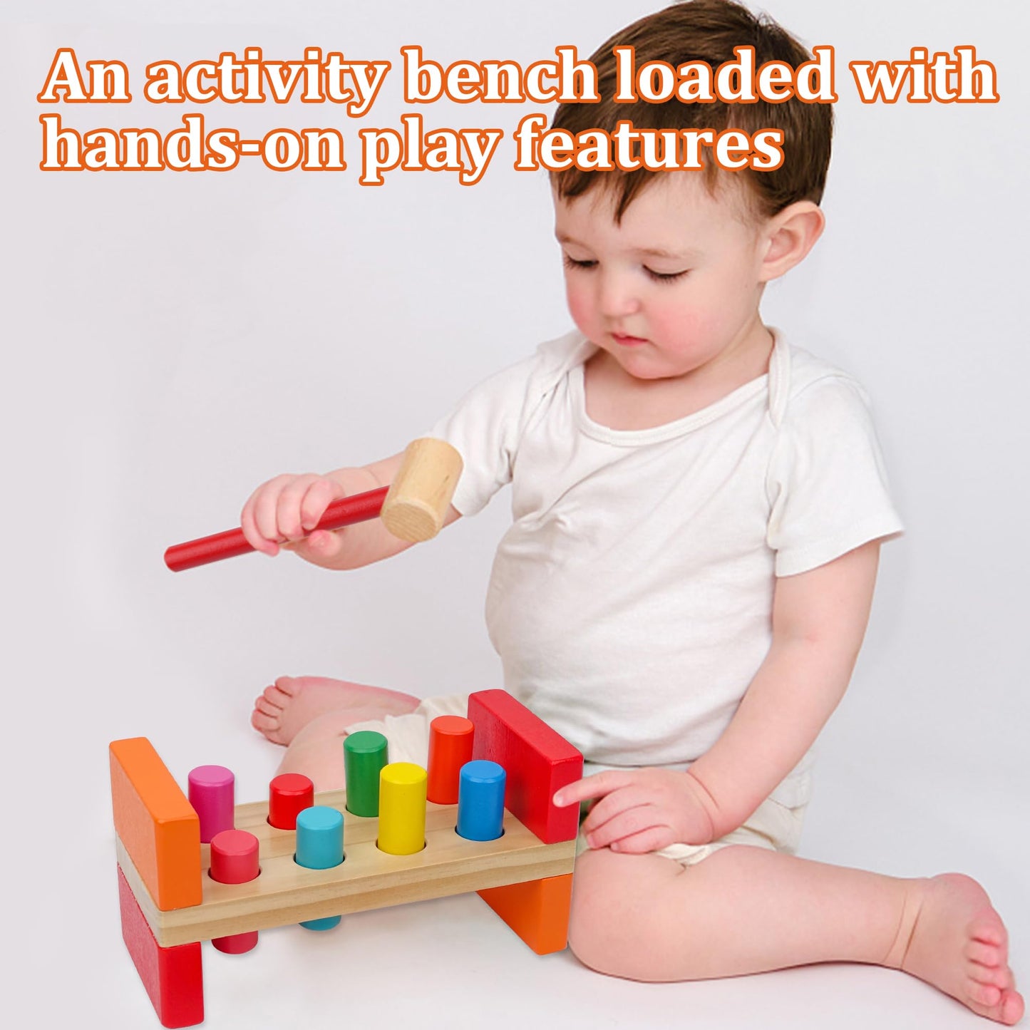 Hidoggy Wooden Hammer Toy For Toddlers 1-3, Montessori Pounding Bench Toy With 8 Pegs And Mallet For Hand-Eye Coordination, Stea