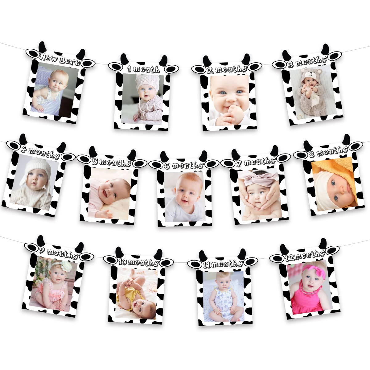 JOYMEMO 13PCs Cow 12 Month Photo Banner - 1st Birthday Baby Banner for Newborn to 12 Months, Cow Print Birthday Party Decoration