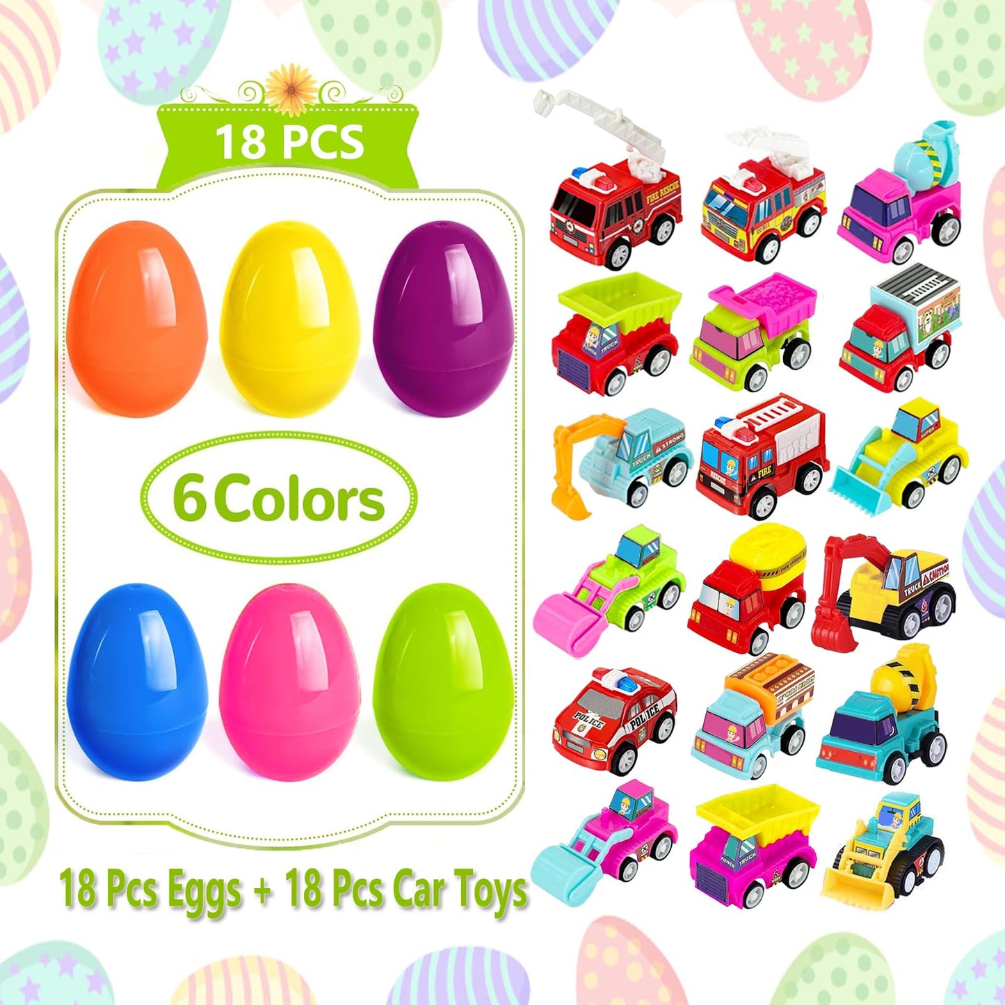 Atiger 18 Pcs Easter Egg Fillers With Toys Inside, Easter Basket Stuffers Filled Pull Back Engineering Vehicles Plastic Eggs Par