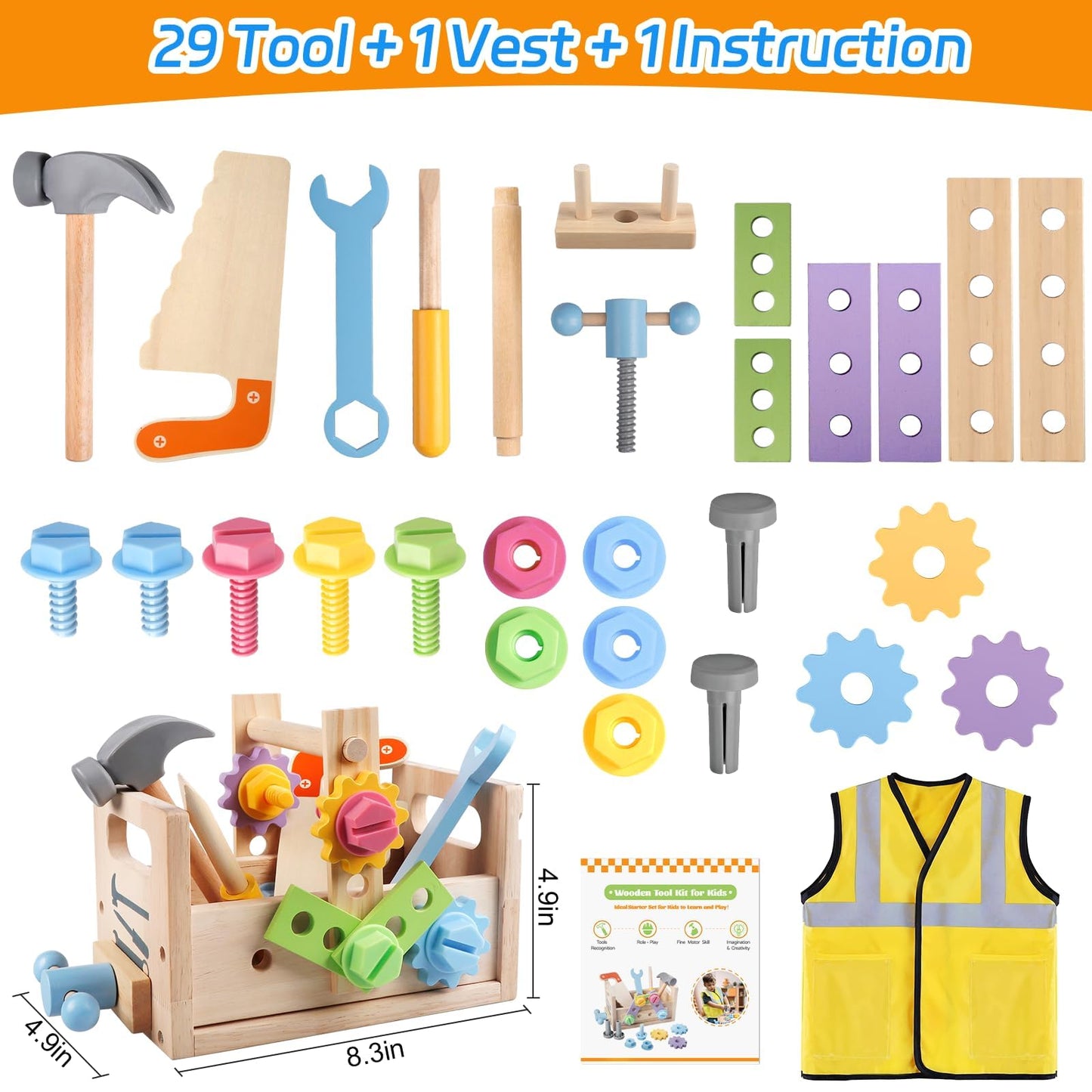 Aliex Wooden Kids Tool Set, 30pcs Toy Tools for Toddlers with Vest, Tool Kit Toddler Montessori Stem Learning Educational Toys f