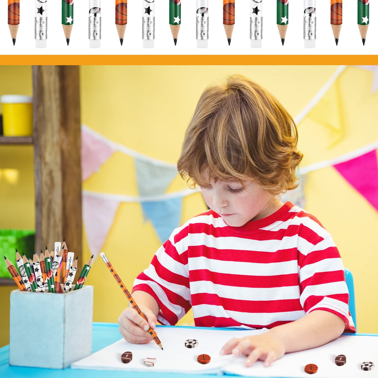 Tinlade 72 Pcs Sports Pencils And Erasers For Kids Fun Wooden Pencils For Kids Boys Sports Themed Birthday Party Favors Students Stationery Party School Office Supplies(Sports)
