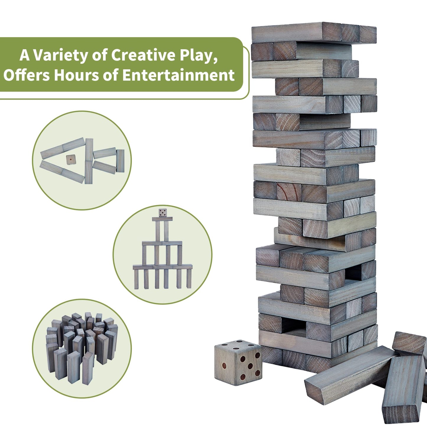 Apudarmis Giant Tumble Tower (Stack From 2Ft To Over 4.2Ft), 54 Pcs Pine Wooden Stacking Timber Game With 1 Dice Set - Classic Block Giant Outdoor Game For Teens Adults Family (Gray)