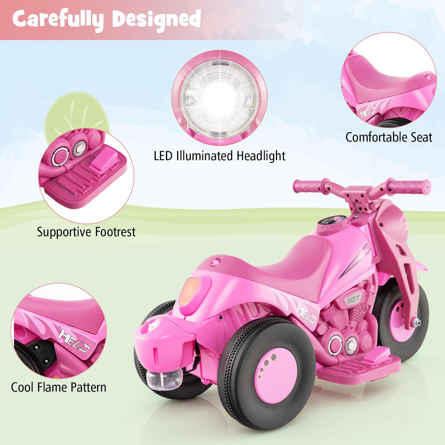 Costzon Kids Motorcycle, 6V Battery Powered Ride On Motorcycle With Bubble Maker, Music, Led Headlight, Forward & Backward, 3 Wheels Electric Motorcycle For Kids, Gift For Boys & Girls (Pink)