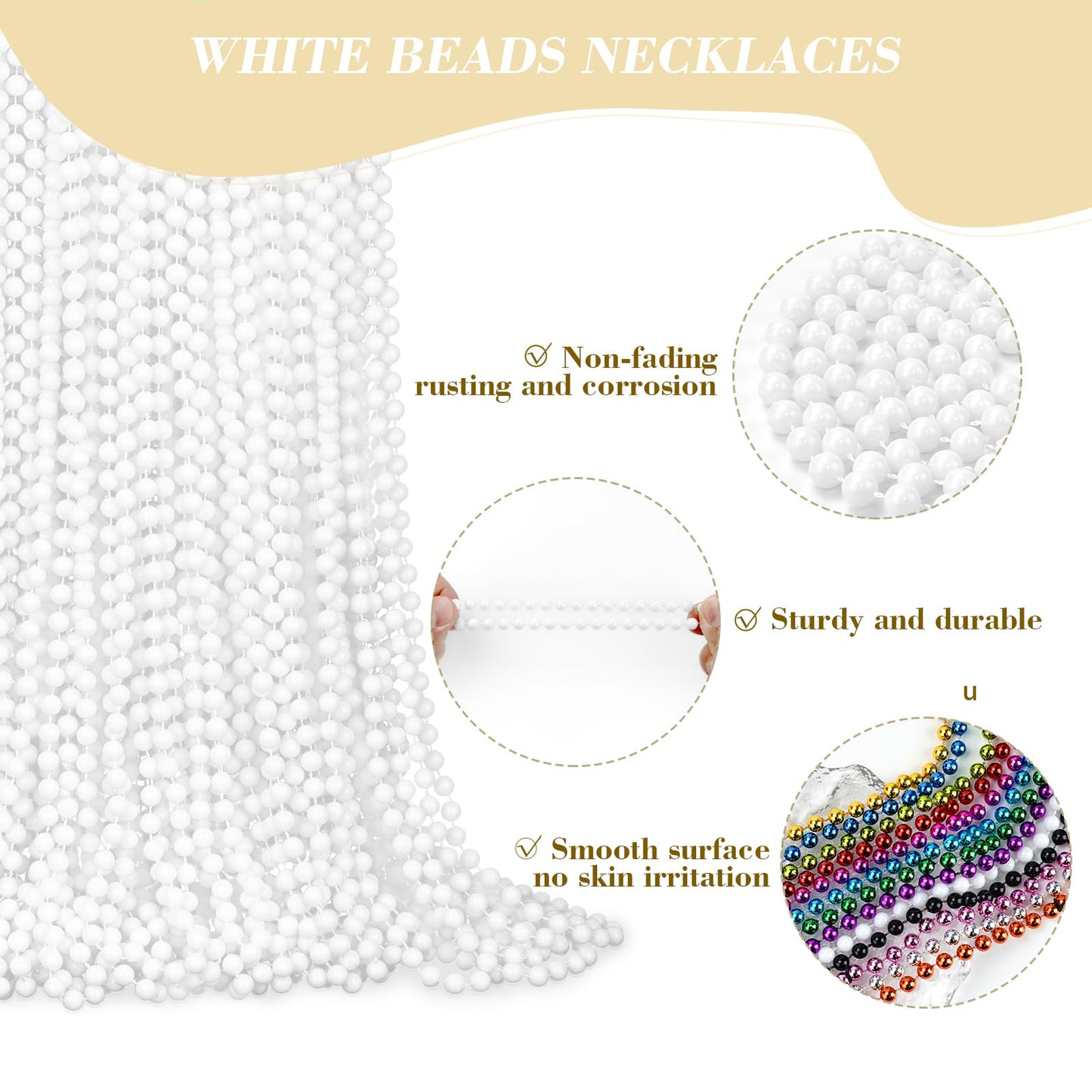 YAXINRUI 144 PCS White Mardi Gras Beads, 33'' White Bead Necklaces Party Costume Necklace Round Parade Throw Beads in Bulk for M